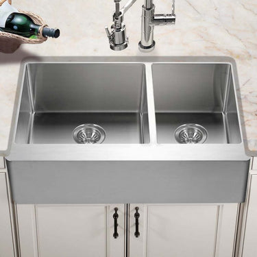 Houzer Epicure 33 inch Apron Front 60/40 Double Bowl Kitchen Sink, Small Right Bowl with Strainer & Grids